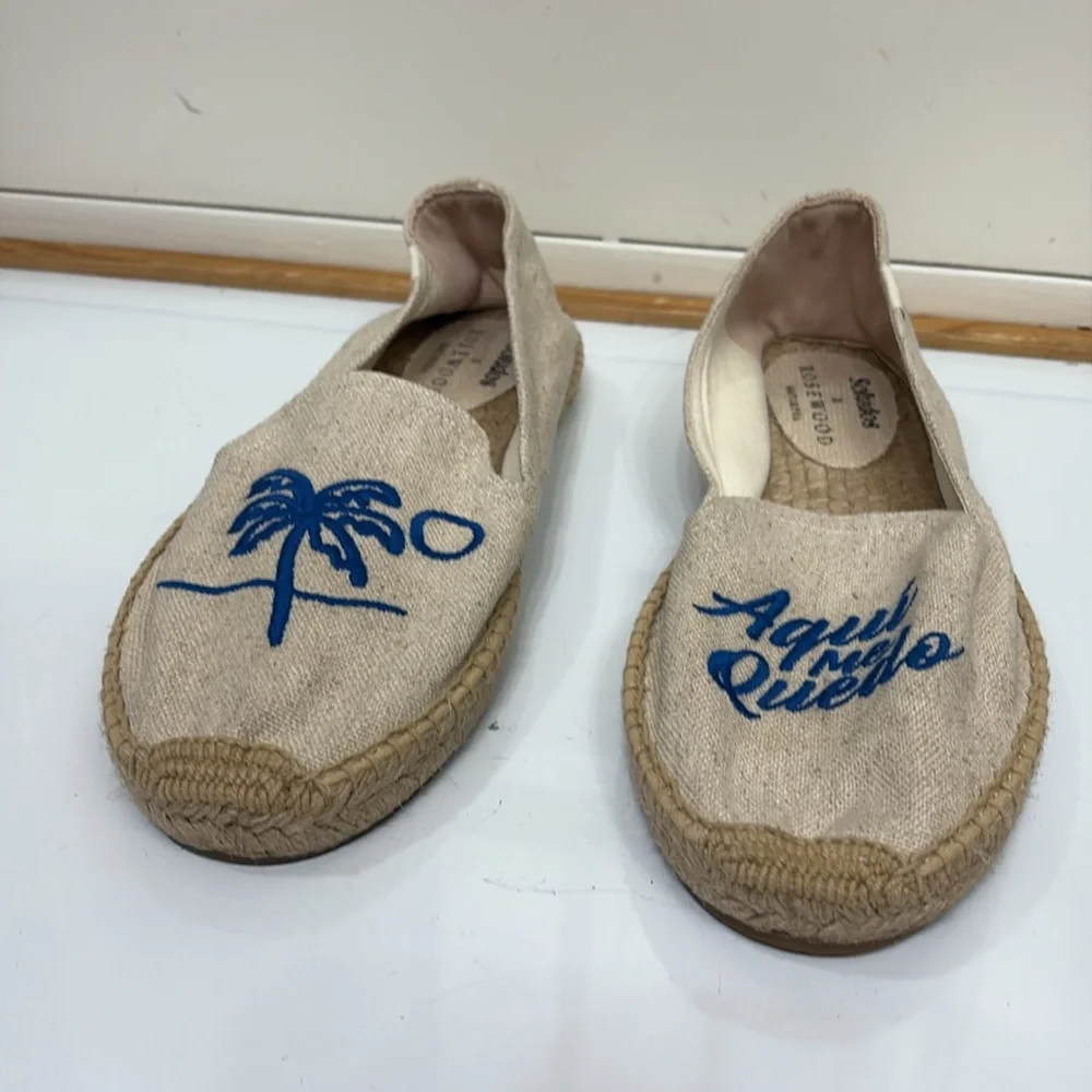 Soludos Natural Canvas Espadrilles with Blue Palm and Script